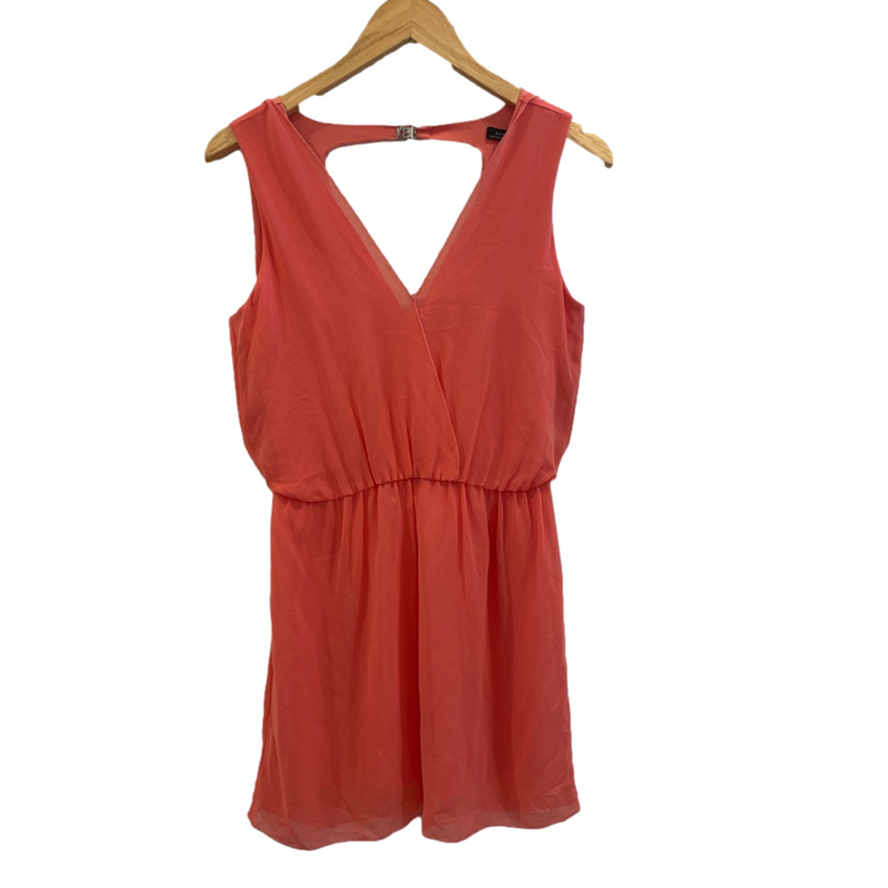 Zara Dress Women Medium Gathered Coral Orange V-Neck Sleeveless